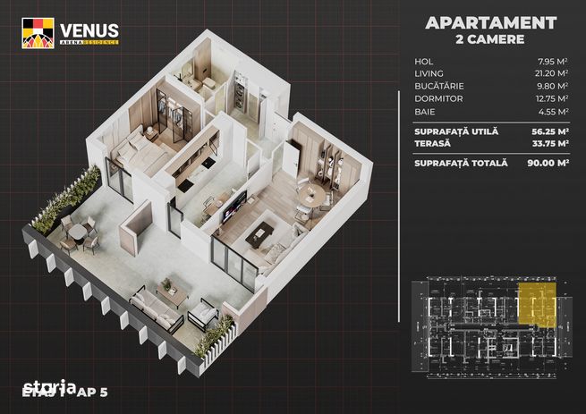 Apartament cu terasa spectaculoasa ,2 camere - langa Berceni Arena, S4-7